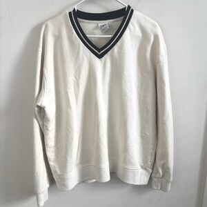 ZARA Mens V-Neck Sweater white Knit Academia Preppy L Old Money retro Cricket